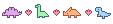 A line of small, simple, pixelated dinosaurs with pink theropod-like tracks between each dino; a purple stegosaurid, a green sauropod, an orange ceratopsid, and a blue theropod.