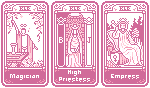 A set of 3 pastel pink and purple pixel tarot cards that shuffle through the major arcanas.